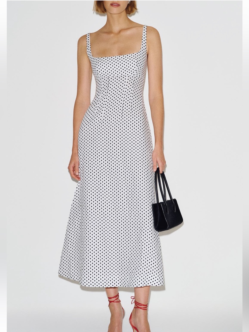 Reformation Sabine White Midi Dress with Black Polka Dots